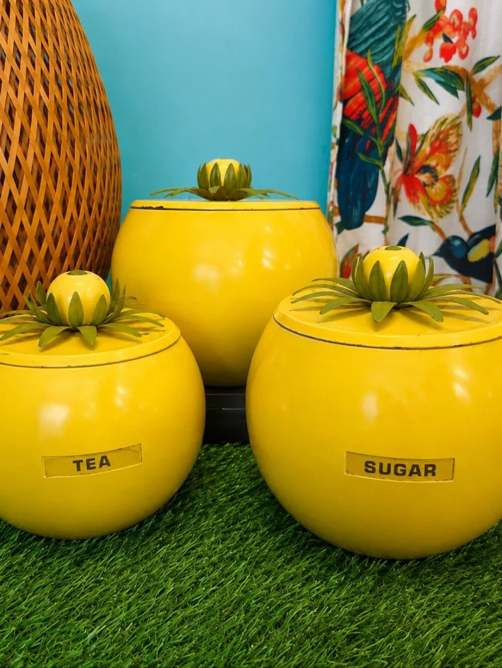 Vintage Yellow Metal Lemon Top  Tea & Sugar Canister Set